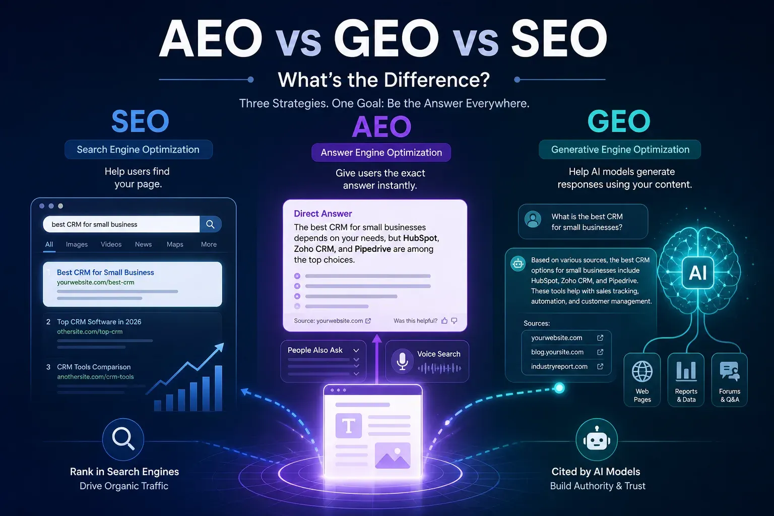 Comparison of SEO, AEO and GEO for AI search engines