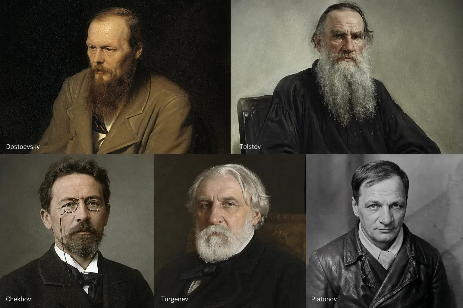 Portraits of great Russian writers: Dostoevsky, Tolstoy, Chekhov and Turgenev