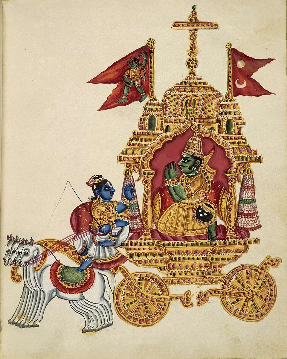 Krishna and Arjuna on the battlefield, from the Bhagavad Gita