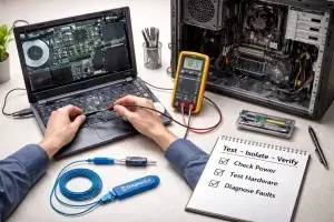 Technician diagnosing computer hardware on a workbench