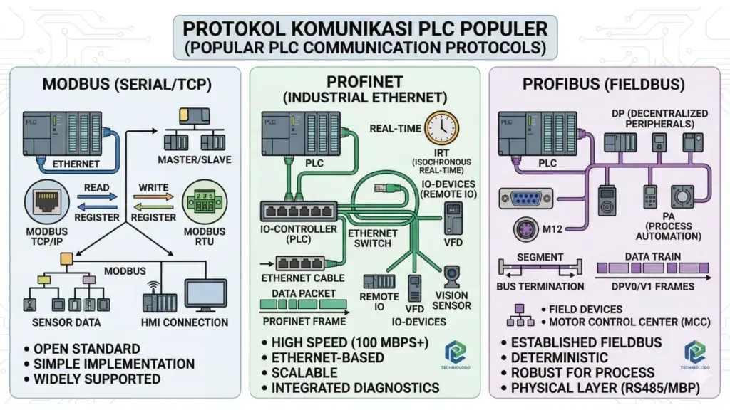 Industrial network connecting PLCs and devices over Modbus and PROFINET