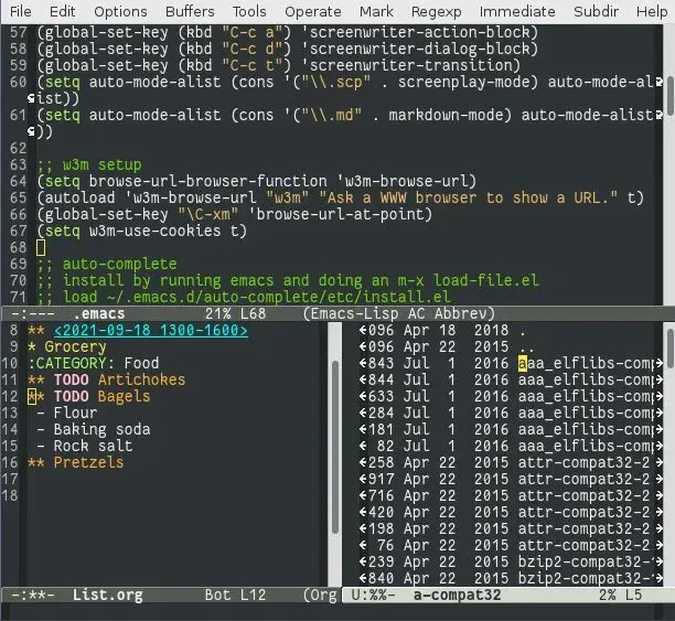 Emacs editor window with basic commands