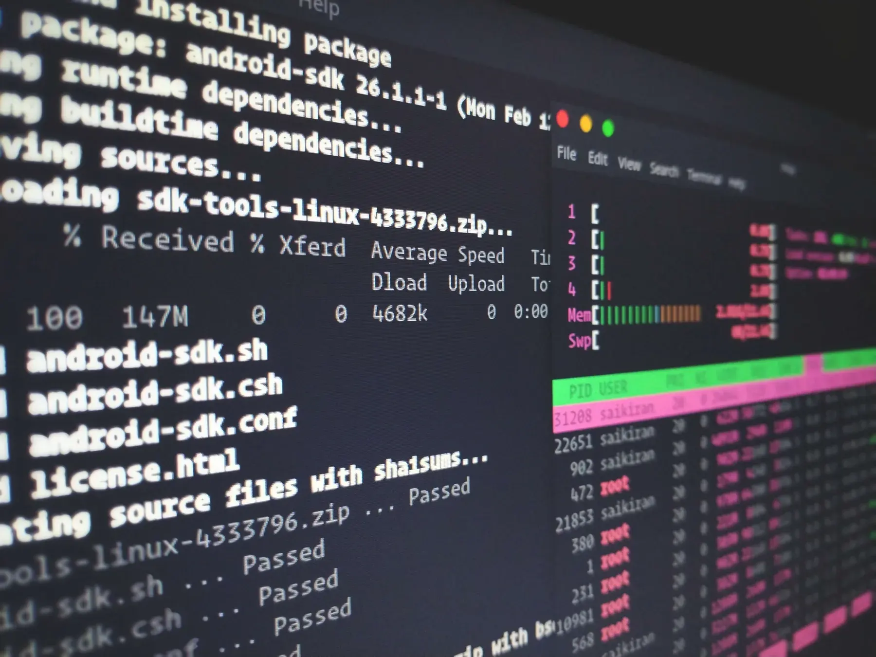 Terminal showing Unix commands for C development